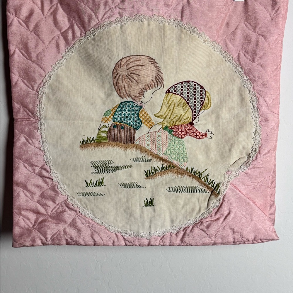 vintage 2 hand sewn‎ pink embroidered square pillow covers Children mushrooms